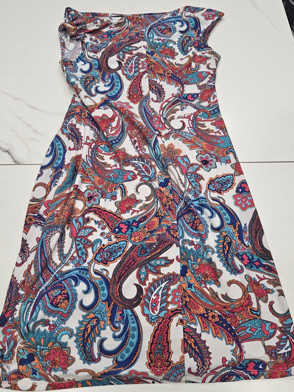 Ralph Lauren White Paisley Sheath Dress with Teal, Coral & Navy